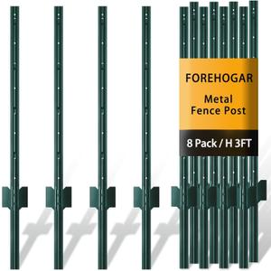 Metal Fence Post 3 Feet Green, Pack of 10, T Posts for Wire Fence, No Dig Steel U Posts Fencing for Lawn Garden Wire Mesh Fence Poles Sign Outdoor Light Duty