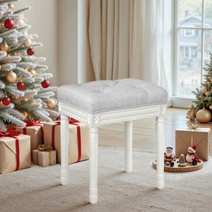 Upholstered Fabric Vanity Bench Seat, Makeup Stools for Vanity, 18" In Memory Foam Vanity Stool, Rectangle Tufted Ottoman Bench with Carved White Wood Legs for Bedroom Living Room, Light Gray