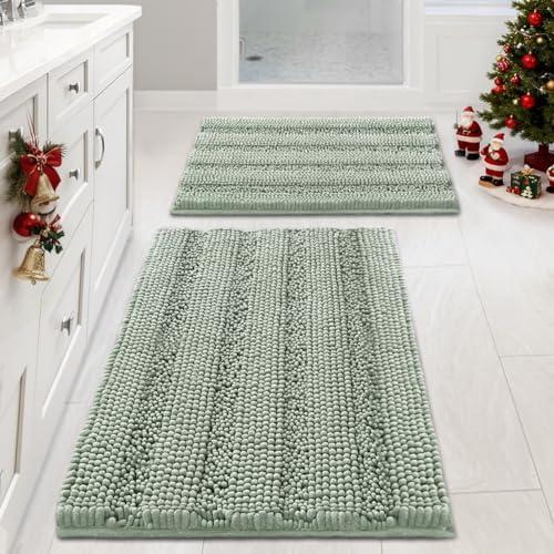 H.VERSAILTEX Sage Bathroom Rugs, Bath Mat Set of 2 Extra Thick Chenille Striped Pattern Shaggy Bath Rugs for Bath Room, Non Skid Bath Mats for Bathroom Floor (32 x 20 Plus 24 x 17 - Inches)