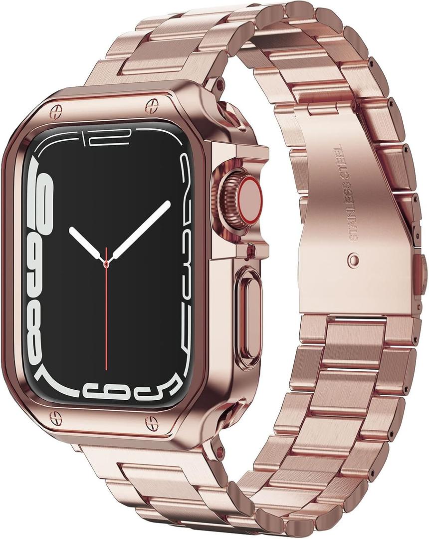 Designed for Apple Watch Band and Case, Stainless Steel Metal Chain with TPU Cover, Smart-Watch Link Bracelet Strap, Wrist-Band for i-Watch Series 9 8 7 6 5 4 3 2 1 SE, 45mm 44mm 42mm, Rose-Gold
