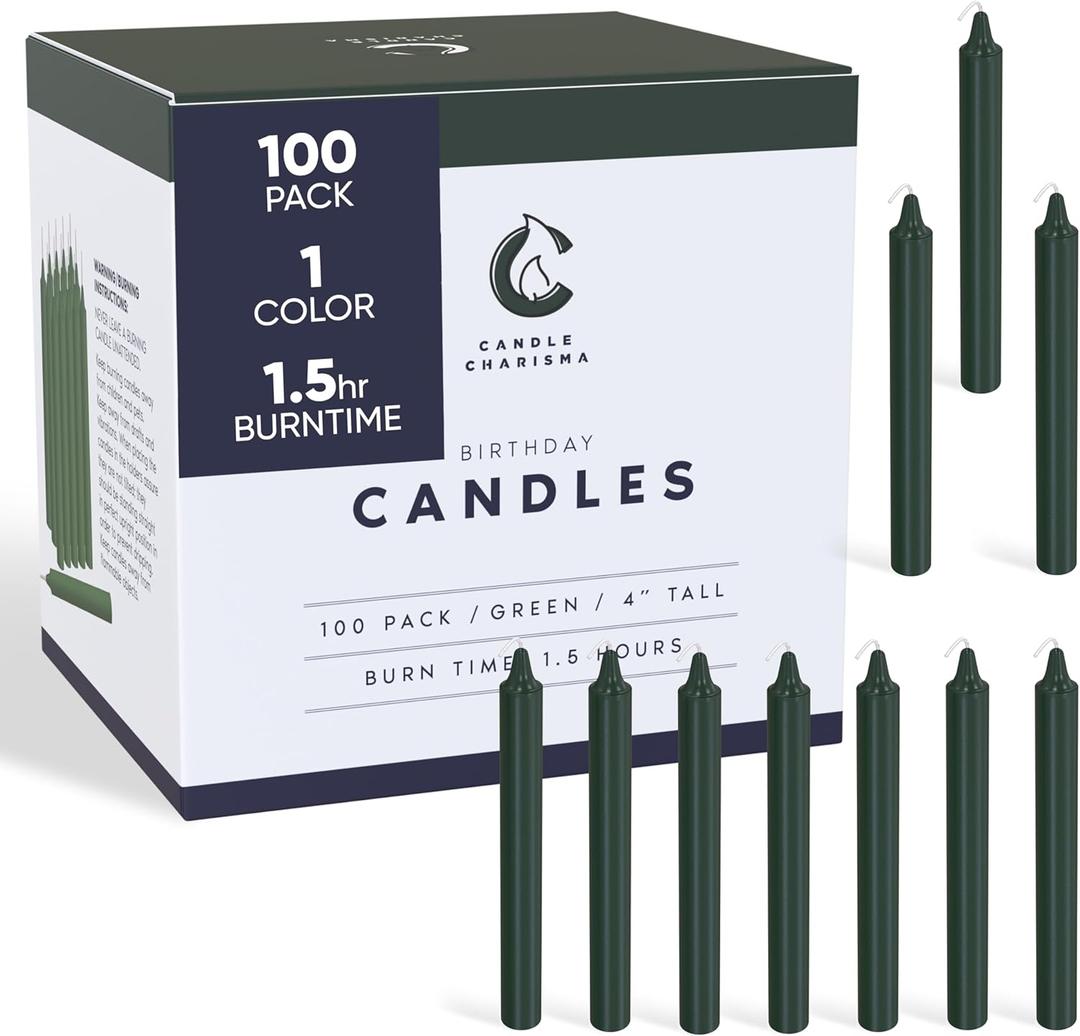 Candle Charisma 100 Green Spell Candles - 4" Unscented Paraffin Chime Candles, Smokeless & Dripless, Colored Candles, 1.5 Hours Burn Time 0.4" Thick Taper Candles for Rituals, Witchcraft and Parties