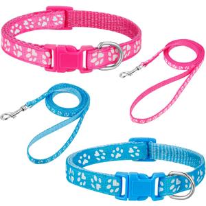 BOUMUSOE 2 Packs Dog Collar and Leash Set, Puppy Collar and Lead Set Quick Release Buckle Adjustable Paw Print Puppy Collar Soft Nylon Pet Collar for Puppy Small Dogs