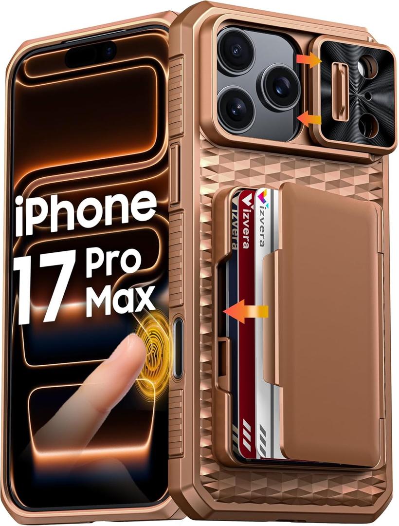 Vizvera for iPhone 17 Pro Max Case Wallet RFlD [Cards Holder[Camera Controll[Camera Cover] Full Body Rugged Shockproof Silicone Protective Phone Case for iPhone 17 Pro Max 6.9'' 2025(Desert Gold)