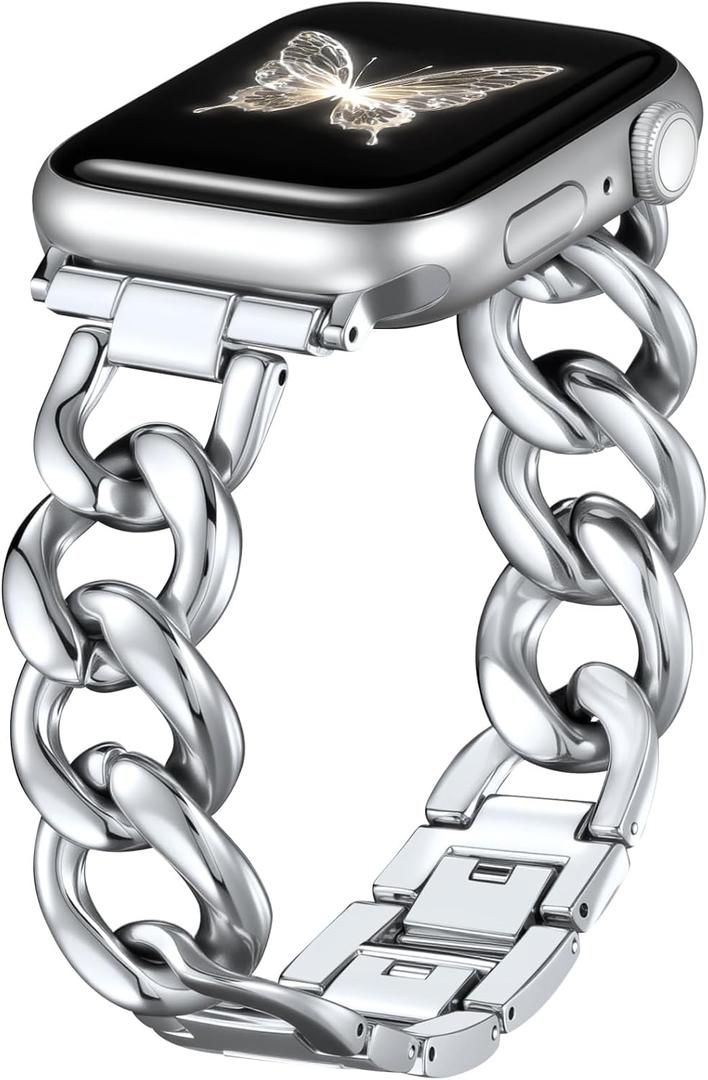 DaQin Gold Band Compatible with Apple Watch Bands for Women 40mm 38mm 41mm 42mm 44mm 45mm 46mm, Metal Chain Link Steel Replacement Accessories Bracelet for iWatch Bands Series 11 10 9 8 7 6 5 4 3 2 1 (Silver)