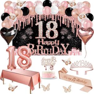 18th Birthday Decorations for Girls, 49pcs Black Rose Gold Black Banner, Tablecloth, Butterfly Decor, 18th Birthday Sash and Tiara, Cake Topper, Candles, Balloons Arch