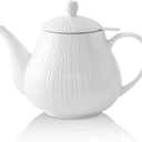 KOOV Ceramic Teapot with Infuser, 40 ounce Tea Pot with Infuser for Loose Tea, Large Enough For 6 Cups, Tea Kettles, Non-Electric (Cream)