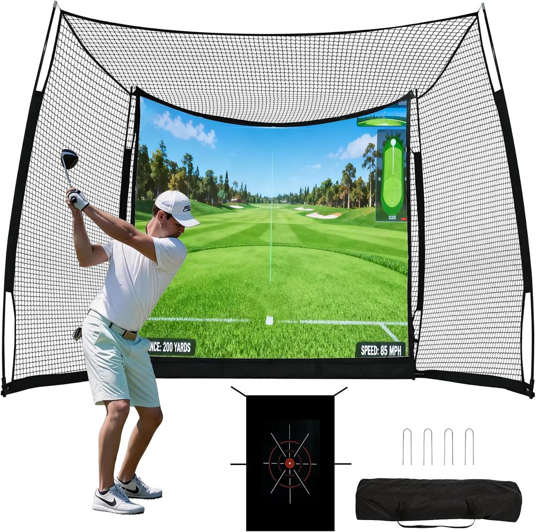 Neoaider 11 x 8 ft Golf Net, Golf Hitting Net with HD Impact Screen | 5-Ply Impact-Resistant Net, Target Cloth, Indoor Outdoor Golf cage for Backyard, Garage, Simulator, Full Swing Training