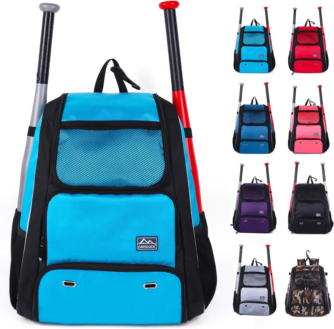 Baseball Bat Bag Backpack,T-Ball & Softball Bat Bag with Shoes Compartment for Youth and Adult, Lightweight Baseball Bag with Fence Hook Hold Bat, Batting Mitten, Helmet, Caps, Teeball Gear (Blue)