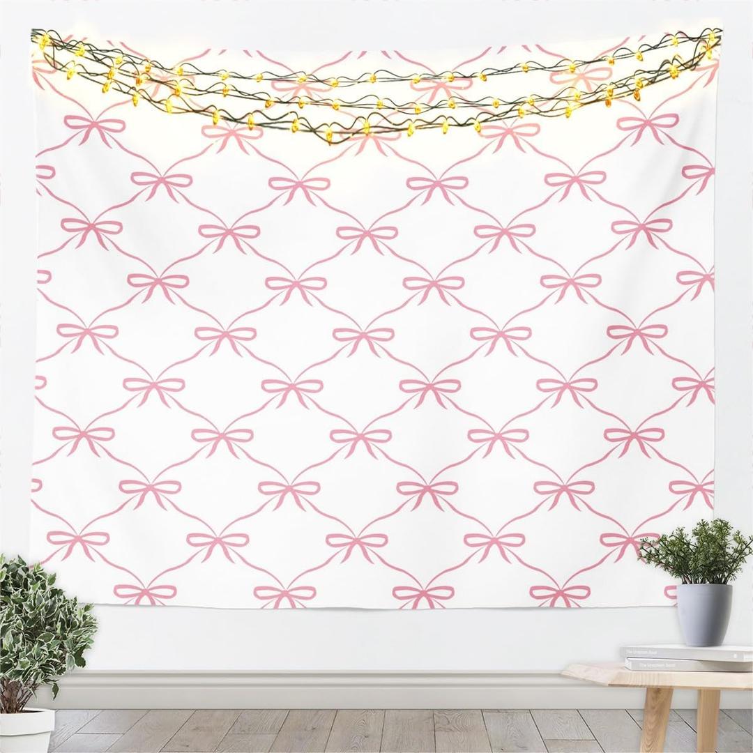 Pink Bow Tapestry Cute Bowknot Geometric Lattice Patchwork Wall Hanging, Princess Kawaii Bow Tie Wall Blanket Home Artwork, Girls Room Decor, Medium  173*228 Inches : Home & Kitchen