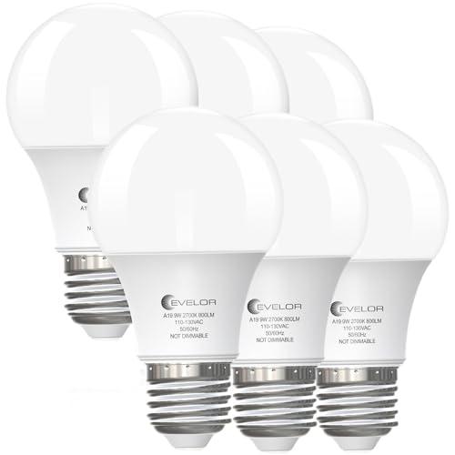 evelor 6-Pack A19 LED Light Bulbs,60 Watt Equivalent Soft White 2700K with E26 Base,Efficient 9W,800 Lumens Non-Dimmable Warm White LED Bulbs,15000 Hours, Ideal for Bedroom Living Room