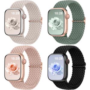 DaQin 4 Pack Braided Stretchy Solo Loop for Apple Watch Bands Women Men 40mm 41mm 42mm 44mm 45mm 46mm 49mm 38mm, Soft Nylon Elastic Sport Strap for iWatch Band Series 11 10 9 8 7 6 5 4 3 2 1 SE Ultra