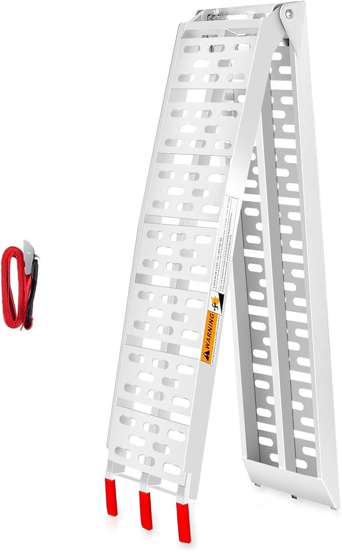 Aluminum Motorcycle Ramp for Pickup Trucks, 7.5 ft Folding Dirt Bike Loading Ramp, Punched Plate Surface, 750 lb Capacity, Rubber-Tipped Fingers, Strap Included, 89 x 12 in, 1 Pc