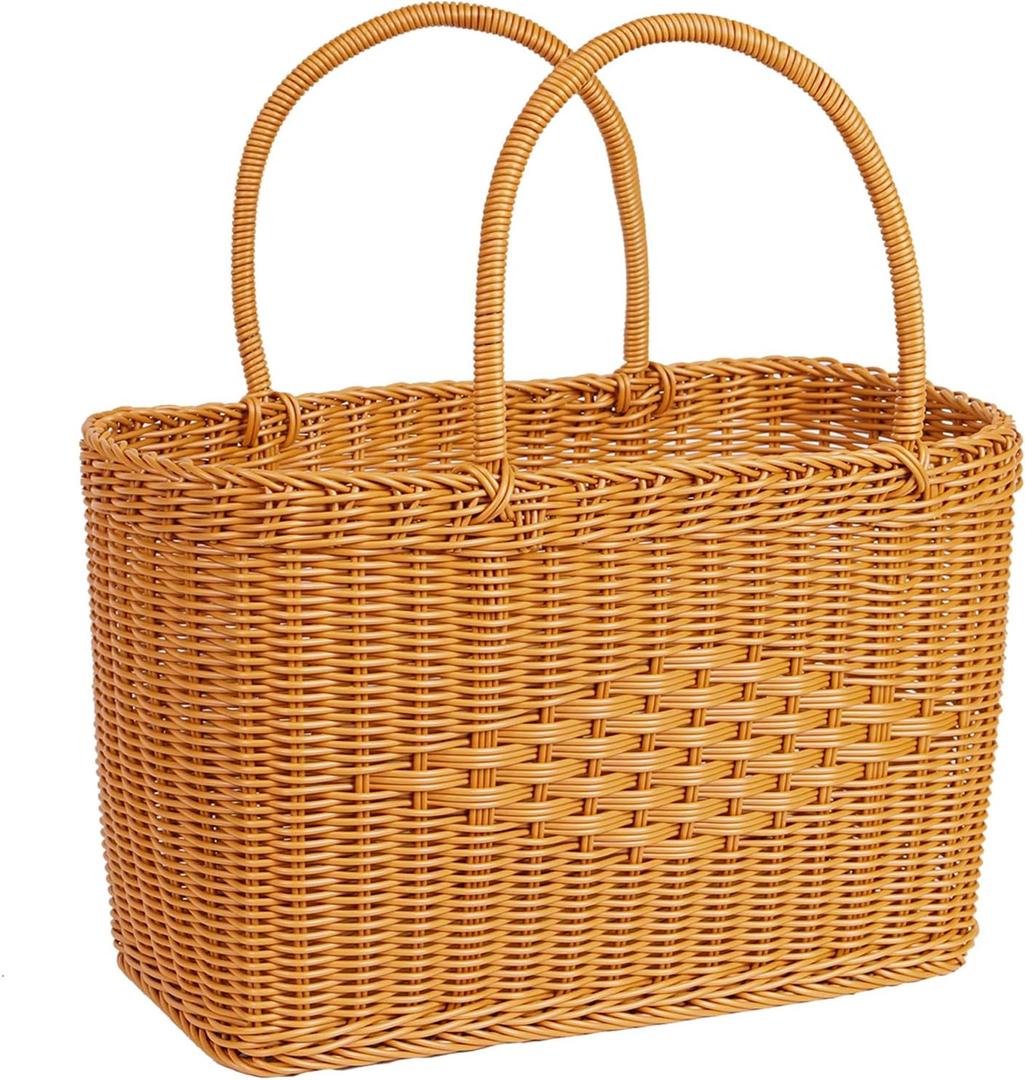 Big Picnic Basket40cm Diameter with Handles Handmade Plastic Rattan Woven Basket Multifunctional Woven Storage Basket, Storage Basket for Camping,Shopping, Market, Birthday, Wedding,Picnic, Party