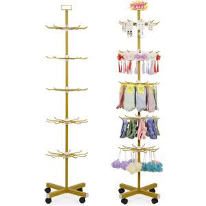 Retail Display Stand 5 Tier Metal Spinning Display Rack with Wheels Keychain Jewelry Stocking Hat Display Stand with Hooks for Malls, Showroom, Retail Store (Gold)