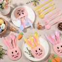 2 x 160 Pcs Pastel Plastic Silverware Rabbit Party Supplies Plastic Disposable Dinnerware with 40 Rabbit Cutlery Bags 40 Spoons 40 Forks 40 Knives for Spring Celebrations Picnic Utensils
