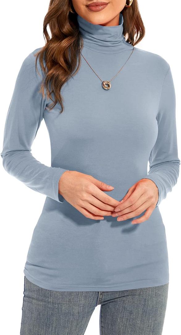 Womens Long Sleeve Turtleneck T-Shirts Casual Lightweight Slim Fit Cozy Base Layer Top (Small, Grey Blue)