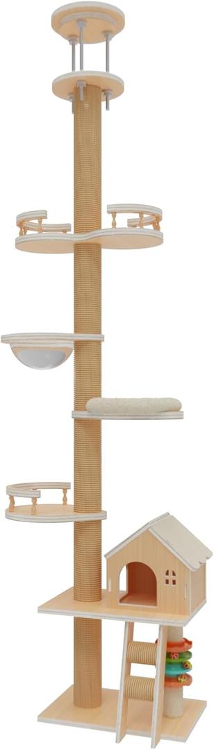 Floor to Ceiling Cat Tree Adjustable Height (95-120 Inches) - 5 Tier Tall Cat Tower for Large Cats, Sturdy Sisal Scratching Post with Condo, Space-Saving Design for Multi-Cat Households