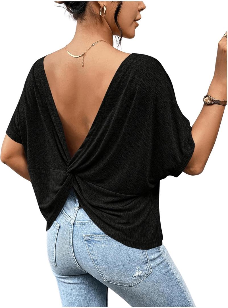 Women's Backless Twist Knot T Shirt Oversized Solid Short Sleeve Tees Open Back Asymmetrical Hem Casual Tops (X-Large, Black)
