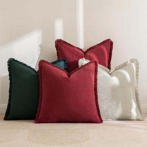 MIULEE Linen Pillow Covers 20x20 Inch Decorative Throw Pillows with Fringe Pack of 4 Soft Farmhouse Boho Couch Pillows Home Decors for Sofa Cushion Living Room Bed Dark Green and Burgundy (20" x 20" (Pack of 4), Dark Green and Burgundy)