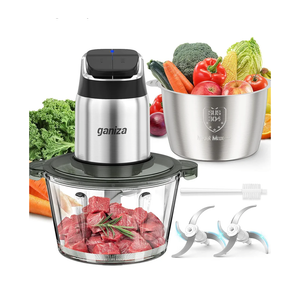 Ganiza Food Processor, 2-Speed Food Chopper Meat Grinder with 8 Cup Stainless Steel & 8 Cup Glass Bowls, Upgraded Button & Smart Overheat Protection Light - Includes Clean Brush, 2 Sets of Blades