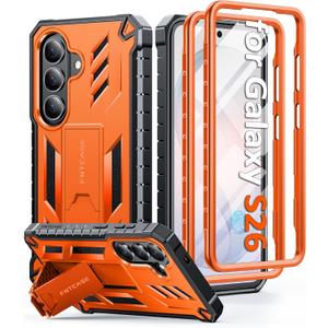 FNTCASE for Samsung Galaxy S26 Case: with [Built-in Screen Protector & Kickstand] [2 Front Frames] [Military-Grade Drop Protection] Heavy Duty Shockproof Rugged Case Full Body Protective Cover Orange