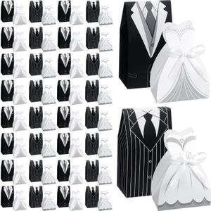 Thenshop 200 Pcs Wedding Favor Boxes  Wedding Party Favor Boxes Bride and Groom Favors Box Creative Treat Bags Bulk Dress Tuxedo Chocolate Candy Gift Box with Ribbon for Guest Bridal Shower Supplies