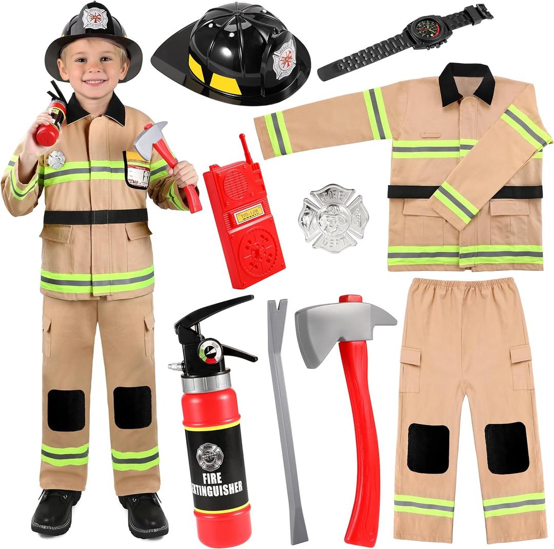 GIFTINBOX Firefighter Costume For Boys,Fireman Costume For Boys With Accessories Toddler Halloween Costumes For Kids 3-12 (S(5-6Y), Yellow)