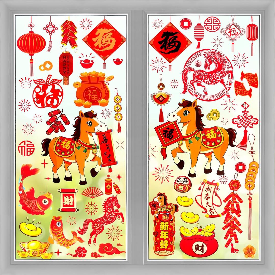 HOWAF 8 Sheets Chinese New Year Window Clings, Year of The Horse Window Stickers for Spring Festival Party Decorations,2026 Lunar New Years Static Windows Decals Red Gold Windows Glasses Decor