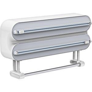 3 in 1 Aluminum Foil and Plastic Wrap Organize Dispenser with Cutter, Magnetic Paper Towel Holder for Fridge, Includes 1 Roll of Cling Film