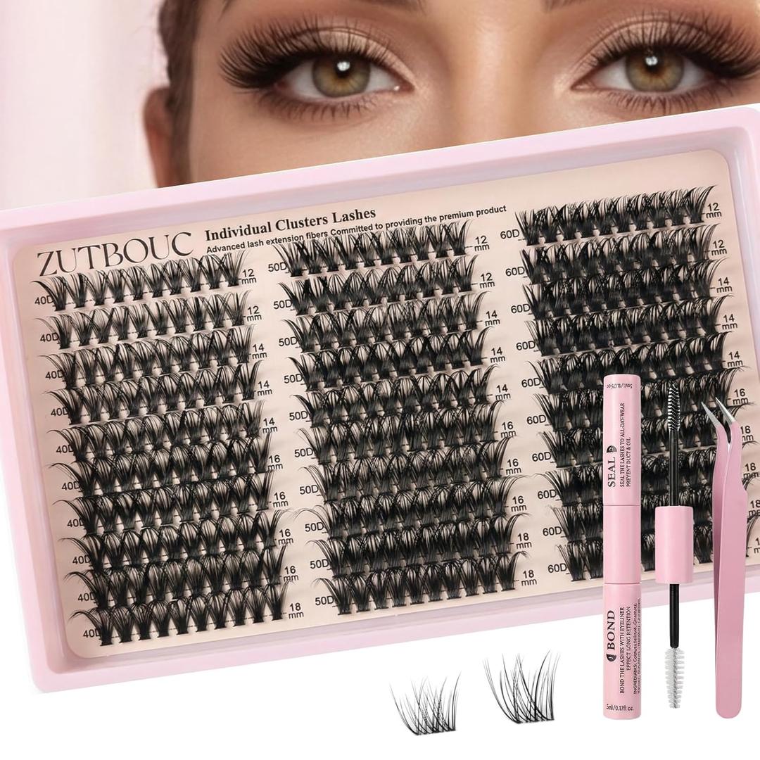 2 x Lash Cluster Natural Eyelash Cluster 300PCS D Curl Eyelashes Cluster Set-40/50/60D Lightweight lashes Clusters Extension, with Tweezers and Bond & Seal DIY Professional Eyelash Set (12-14-16-18mm)