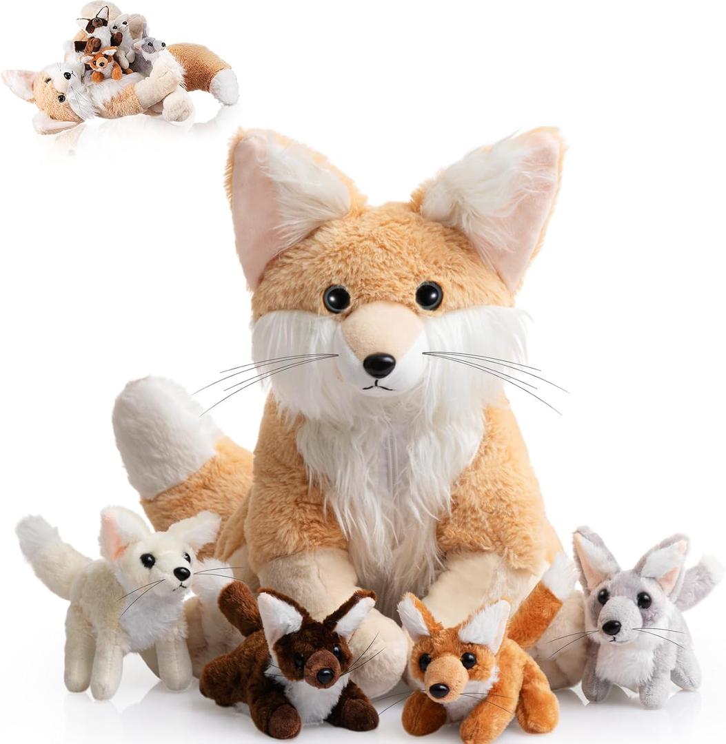 HyDren 5pcs Woodland Animals Plush Toys Set 13.4 Inch Large Fennec Fox Stuffed Animal with 4 Cute Baby Fox Plush Toys Gift for Valentines Day Birthday Baby Shower Party Decor