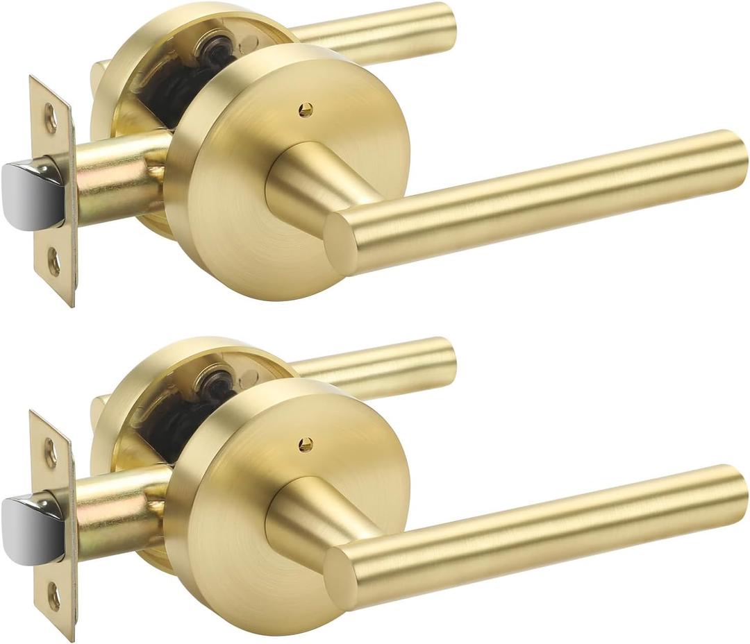 Haidms 2 Pack Gold Door Handles - Brushed Gold Interior Door Lever, Bathroom/Bedroom Privacy Door Handle, Heavy Duty Modern Style