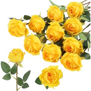 10Pcs Fake Rose Flowers Yellow Artificial Flowers with Long Stems Faux Silk Roses for DIY Wedding Bouquets Welcome Flowers Chair Back Valentines Day Home Party Table Decor (Yellow)