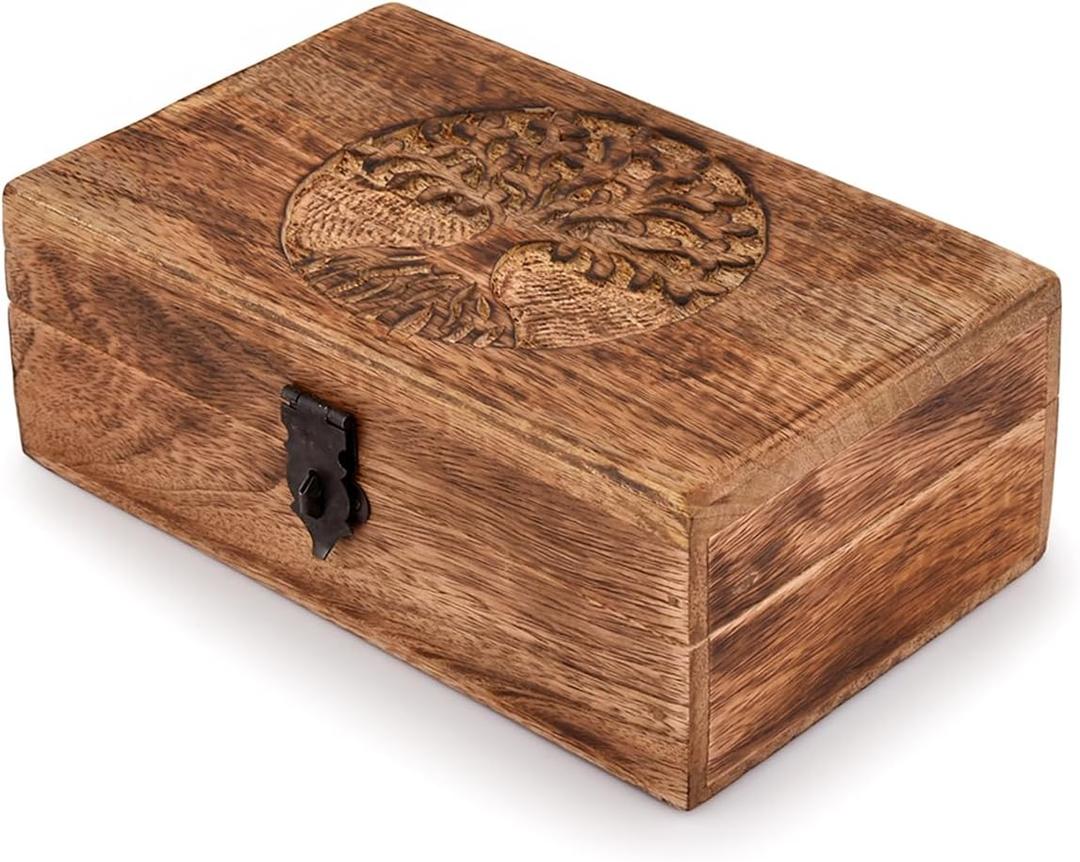Samhita Handmade Mango Wood Tree of Life Engraving Beautifully Keepsake Box Jewellery Organizer Unique Gift Ideas for Men & Women (Flame Work Finish)