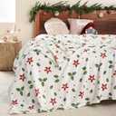 Christmas Fleece Print Queen Size Blanket for Bed, Super Soft Plush Cozy Fuzzy Red Floral and Green Leaves Printed Blankets for Couch Sofa Bed, Home, Microfiber Flannel, All Seasons 90x90 Inches (Flower)
