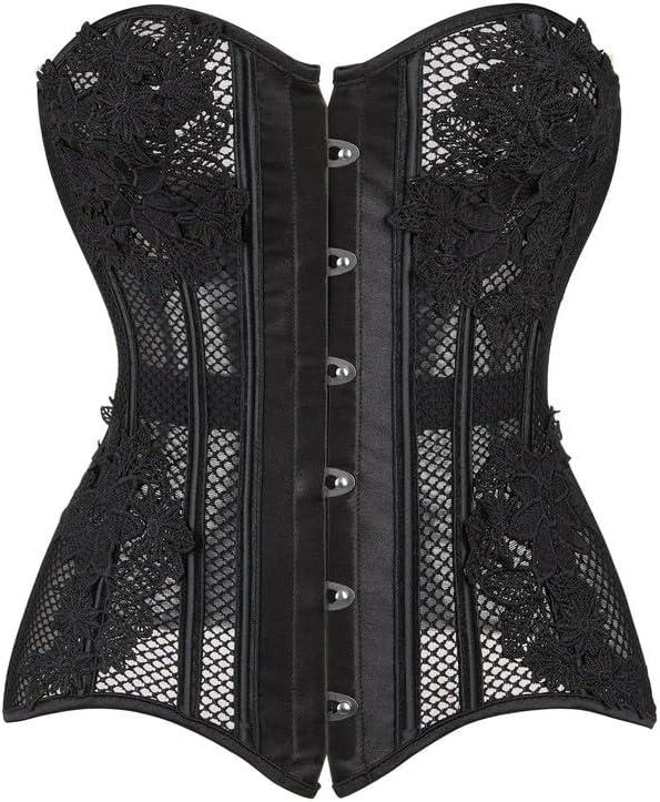Dreay Black Women's Breathable Corset Top - Sexy See Through Mesh - Satin Overbust Lace Up - Waist Trainer for Women (Large)