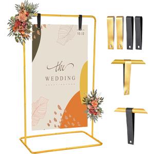 Nisoger Wedding Welcome Sign Stand, 68x31x 20 Heavy Duty Easel Stand for Sign with 4 Leather Strap, Welcome to Our Wedding Sign Holder, Metal Floor Standing Easels for Signs, Poster, Gold