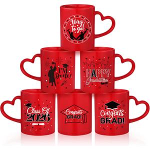 Pickmesh Graduation Coffee Mug Set of 6, 10 oz Red Ceramic Enamel Mugs with Handle, Class of 2026 & Congrats Grad Designs, Graduation Party Supplies, Grad Gift Cups for Coffee Tea Cocoa, 3.74 x 3.23 inches