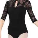 Penny - Floral Lace Dance Leotard For Women. Half Sleeve Leotards for Women Ballet and Dance (Black), Size: Adult M