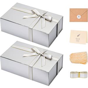 LIFELUM Large Gift Boxes with Lids,2 Pack 13.85 x 8.35 x 4.45 inch Silver Gift Boxes with Ribbon, Card, Shredded Paper Filler Gift Boxes for Presents,Graduation,Christmas,Birthdays