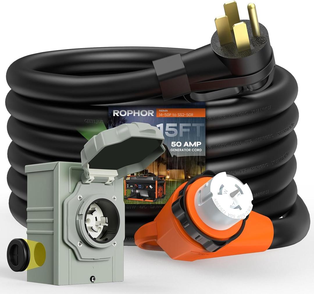 50 Amp Generator Cord and Pre-Drilled Power Inlet Box, 15FT Heavy Duty NEMA 14-50P to SS2-50R Extension Cord Twist Locking with Inlet Box, 125/250V, 12500W, ETL Listed for Outdoor Emergency Kit