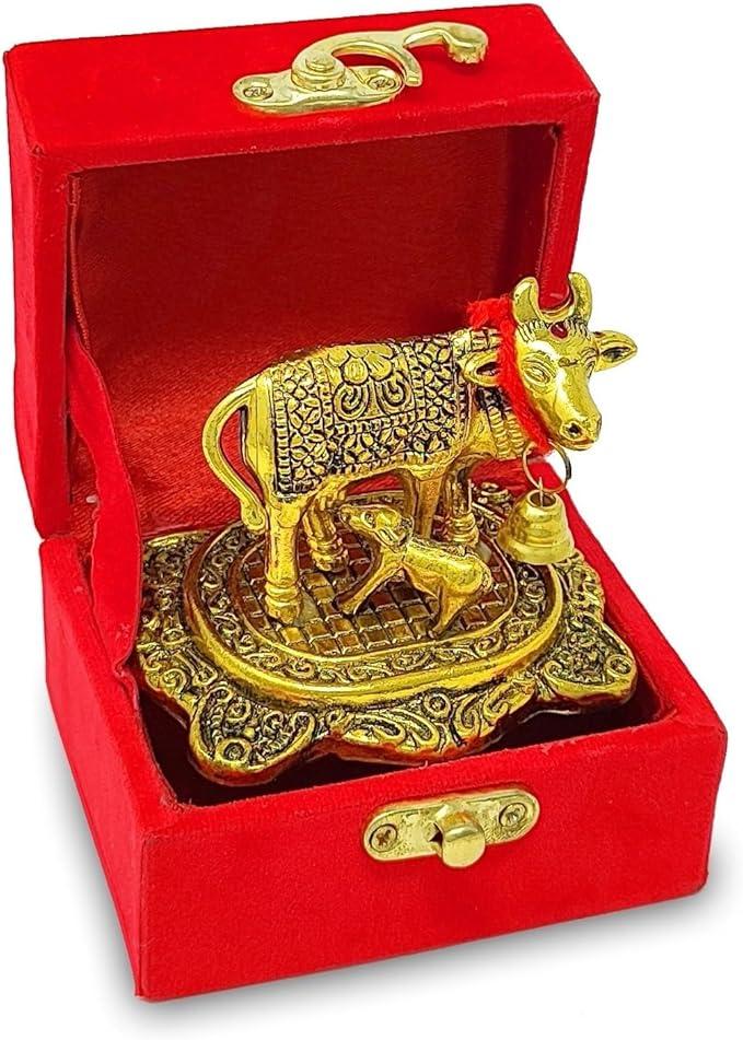 NOBILITY Pooja Items Diwali Gift Golden Small Kamdhenu Cow and Calf with Red Box Metal Statue Decorative Item Showpiece for Home Office Decoration Wedding Return Gifts Pack of 4