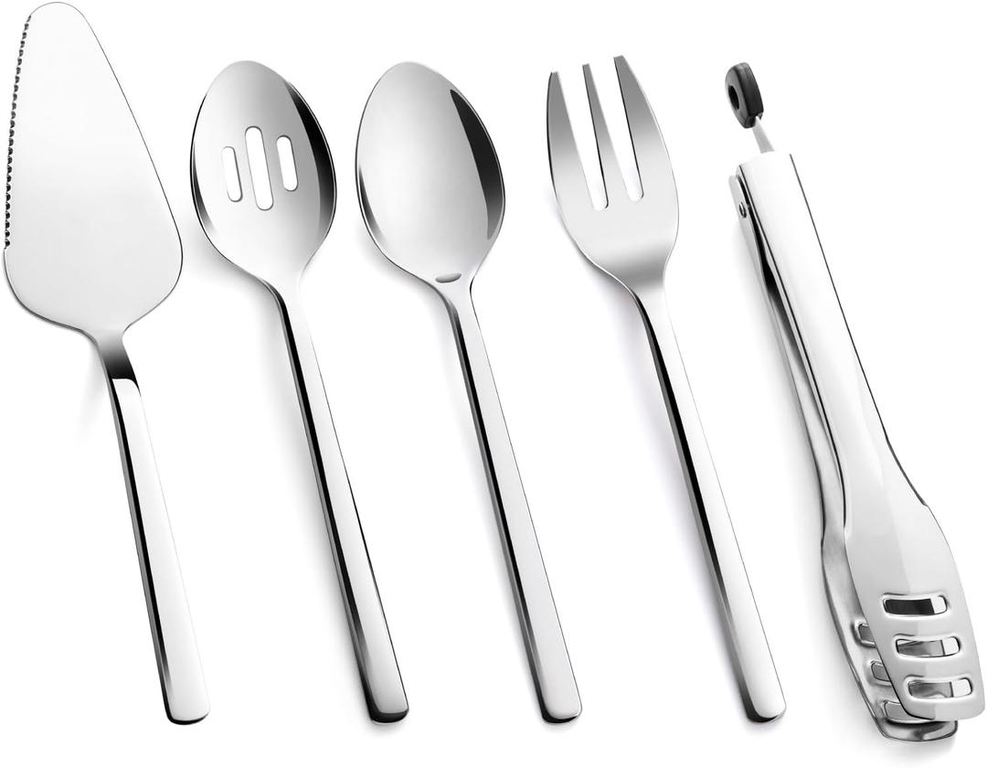 KINGSTONE Large Hostess Serving Utensils Set,18/10 Stainless Steel Heavy Duty 10inch Serving Spoons,Slotted Spoons,Serving Fork,Serving Tongs, Cake Pie Server For Buffet, Wedding, Party (5, Silver)