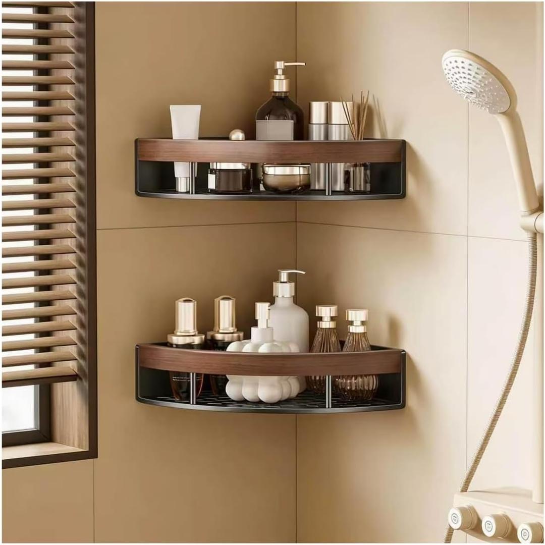 2-Pack Corner Shower Caddy with Walnut Wooden Shelf, Wall Mounted Bathroom Organizer, Matte Black Aluminum Alloy Storage Rack for Toilet, Dorm and Kitchen