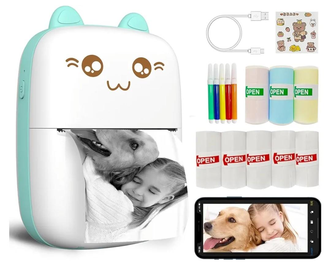 Mini Printer Portable, Inkless Sticker printer with 8 Rolls Paper, Bluetooth Wireless mini thermal printer Compatible with iOS + Android for Journal, Memo, Photo, Print Pod Gifts for Girls Kids