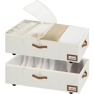 StorageWorks Under Bed Storage with Wheels, 10'' Underbed Storage Containers with Lid, 90L Clothes Organizer for Blankets, Sweaters, Bedding, 2-Pack, Beige
