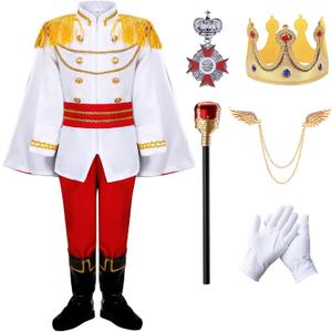 RuuYiicoco Boys Prince Charming Costume Cosplay Dress-Up Medieval Royal King Outfits for Kids (Red, 9-10 Years)