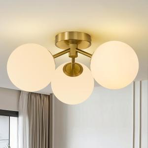 Gold Globe Semi Flush Mount Ceiling Light Mid Century Modern Milk Glass Ceiling Light Fixture Linear Sputnik Matte Chandelier for Bedroom Living Room Entryway Dining Room Hallway
