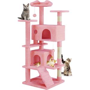 DUMOS 54-inch Indoor Cat Tree Tower Multi-Level Pet House for Large Cats with 2 Condos, Scratching Posts, Round Platform, Small Ladder, and Toys, Pink