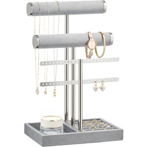 bussdis 3 Tier Bracelet Holder Display - Detachable T Bar Grey Velvet Bracelet Holder, Jewelry Holder Organizer for Bracelet, Necklace, Earrings, Rings